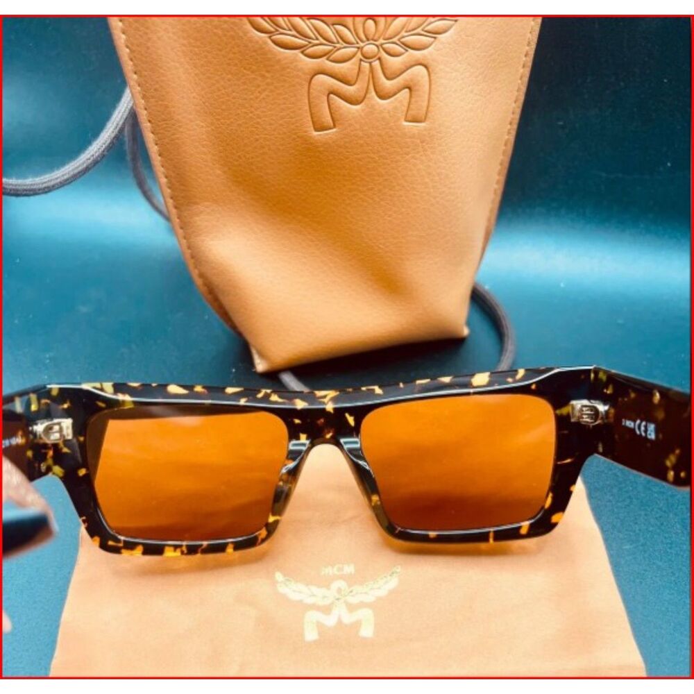 NWT MCM Rectangular Sunglasses Tortoiseshell with Leather Neck Pouch Case Unisex